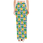 Blue Striped Pineapple Pattern Print High Slit Maxi Skirt