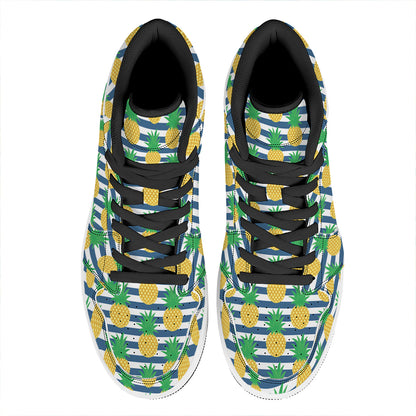 Blue Striped Pineapple Pattern Print High Top Leather Sneakers