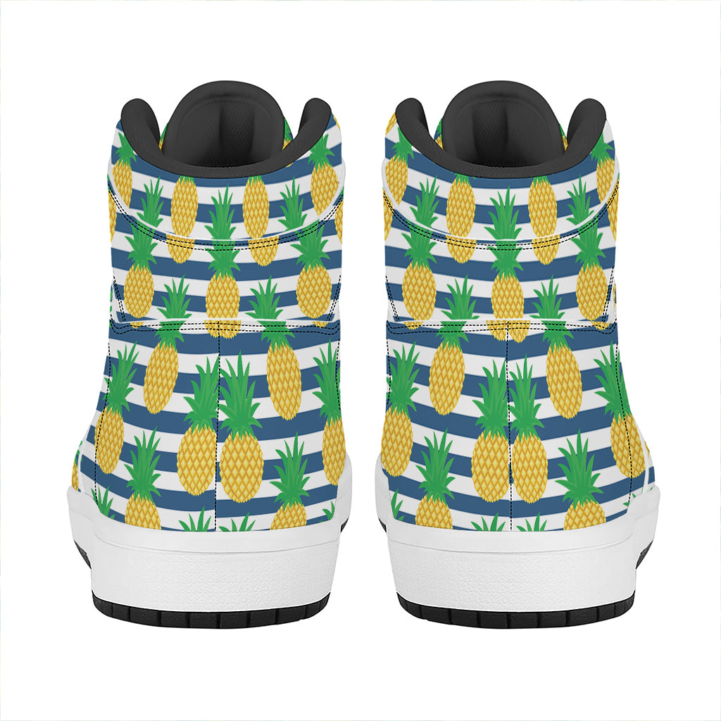 Blue Striped Pineapple Pattern Print High Top Leather Sneakers