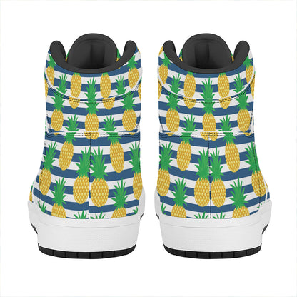 Blue Striped Pineapple Pattern Print High Top Leather Sneakers