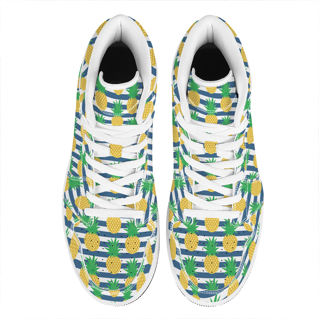 Blue Striped Pineapple Pattern Print High Top Leather Sneakers