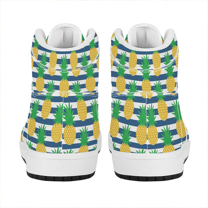 Blue Striped Pineapple Pattern Print High Top Leather Sneakers