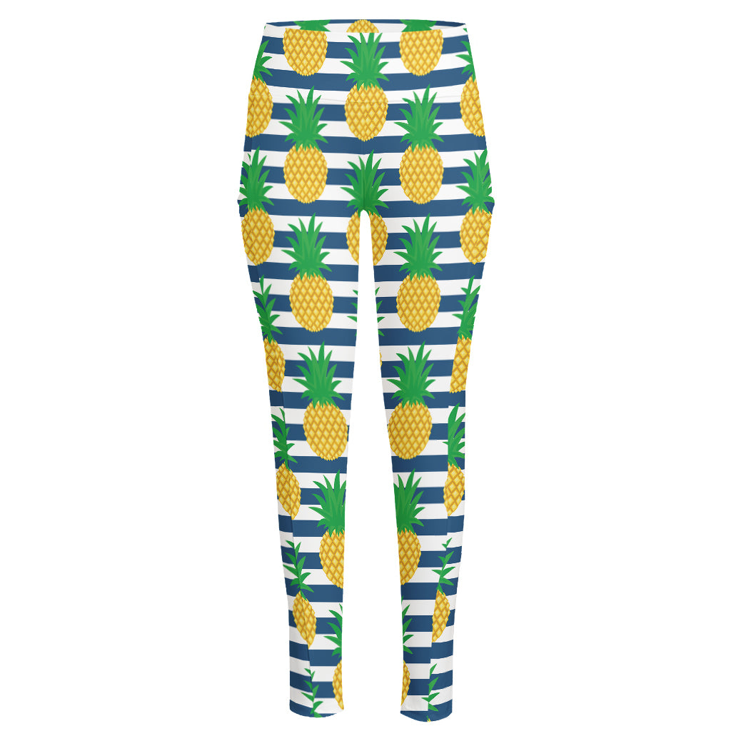 Blue Striped Pineapple Pattern Print High-Waisted Pocket Leggings