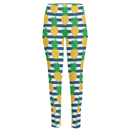 Blue Striped Pineapple Pattern Print High-Waisted Pocket Leggings