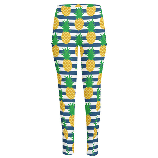 Blue Striped Pineapple Pattern Print High-Waisted Pocket Leggings