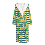 Blue Striped Pineapple Pattern Print Hooded Bathrobe