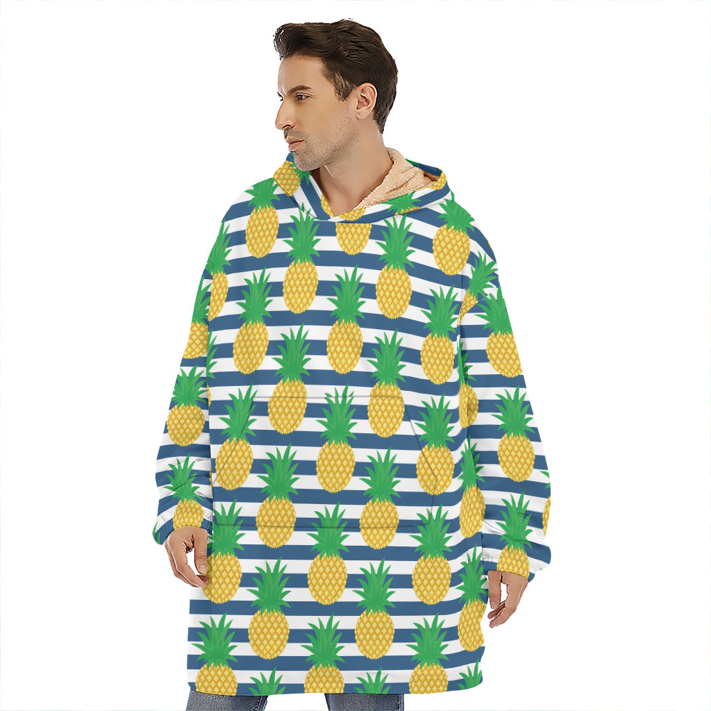 Blue Striped Pineapple Pattern Print Hoodie Blanket