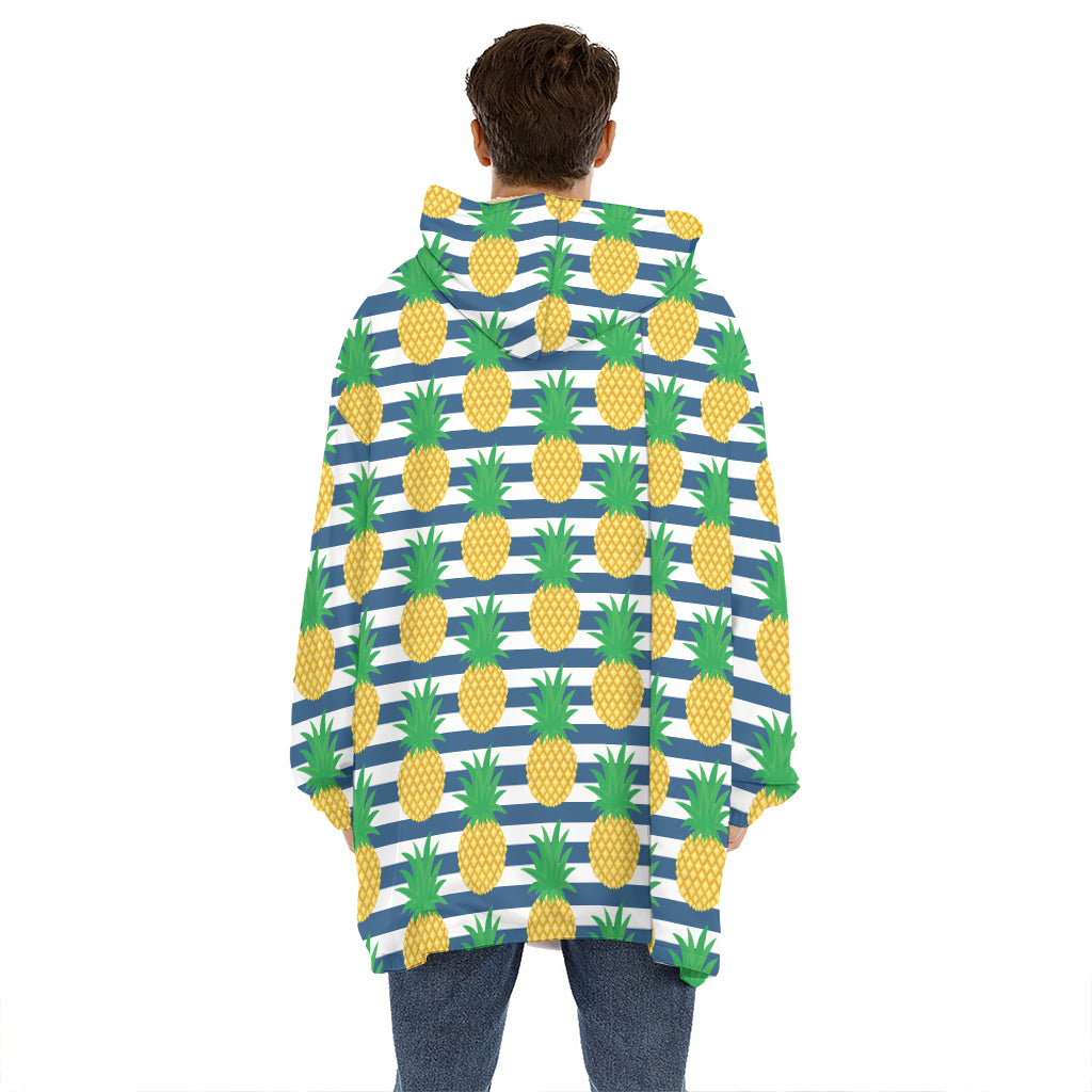 Blue Striped Pineapple Pattern Print Hoodie Blanket