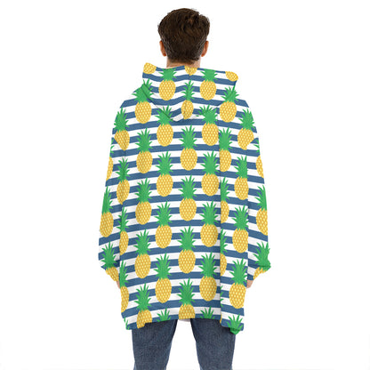 Blue Striped Pineapple Pattern Print Hoodie Blanket