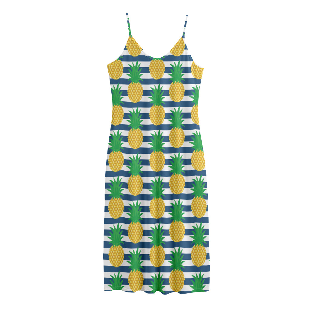 Blue Striped Pineapple Pattern Print Jersey Midi Cami Dress