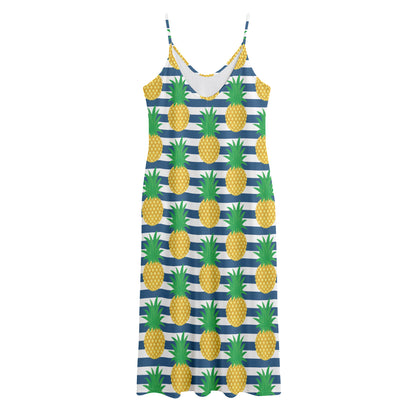 Blue Striped Pineapple Pattern Print Jersey Midi Cami Dress