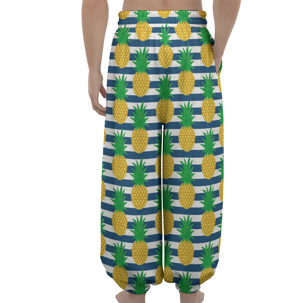 Blue Striped Pineapple Pattern Print Lantern Pants