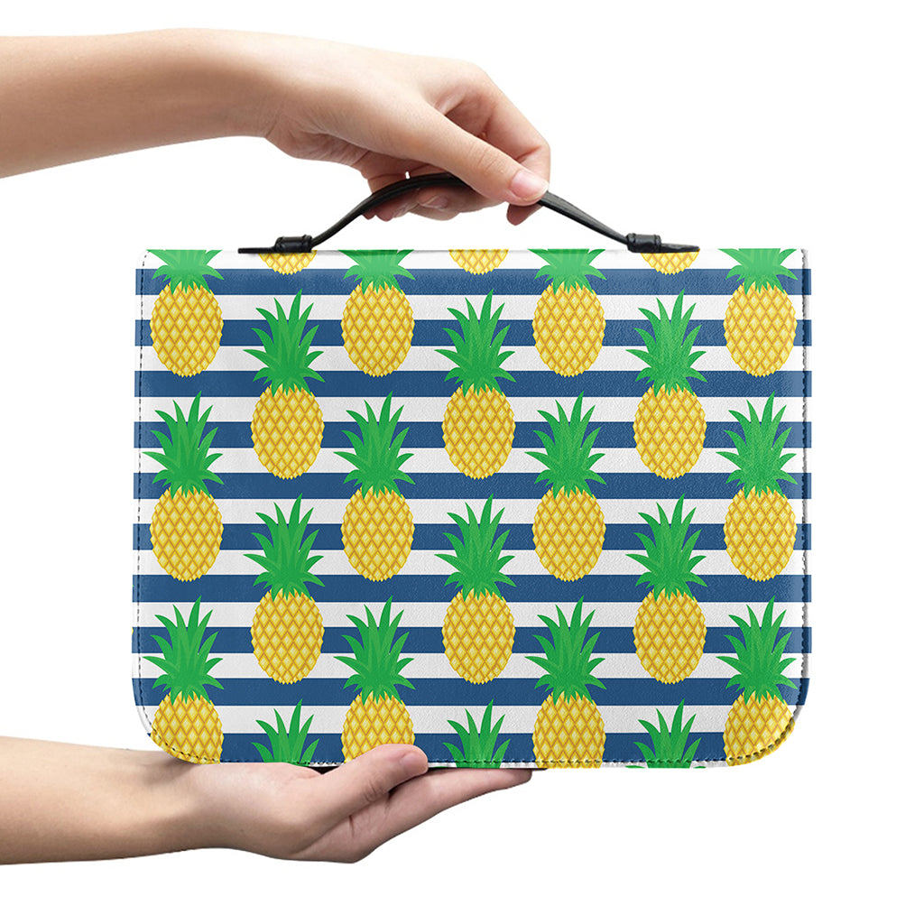 Blue Striped Pineapple Pattern Print Leather Bible Cover
