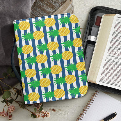 Blue Striped Pineapple Pattern Print Leather Bible Cover