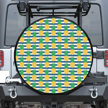 Blue Striped Pineapple Pattern Print Leather Spare Tire Cover