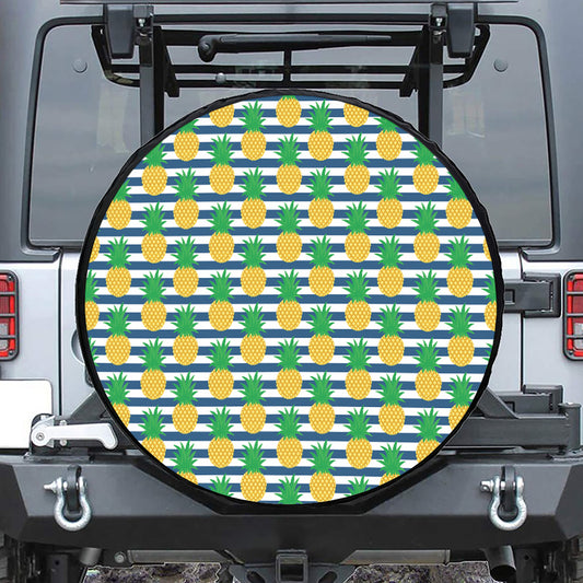 Blue Striped Pineapple Pattern Print Leather Spare Tire Cover