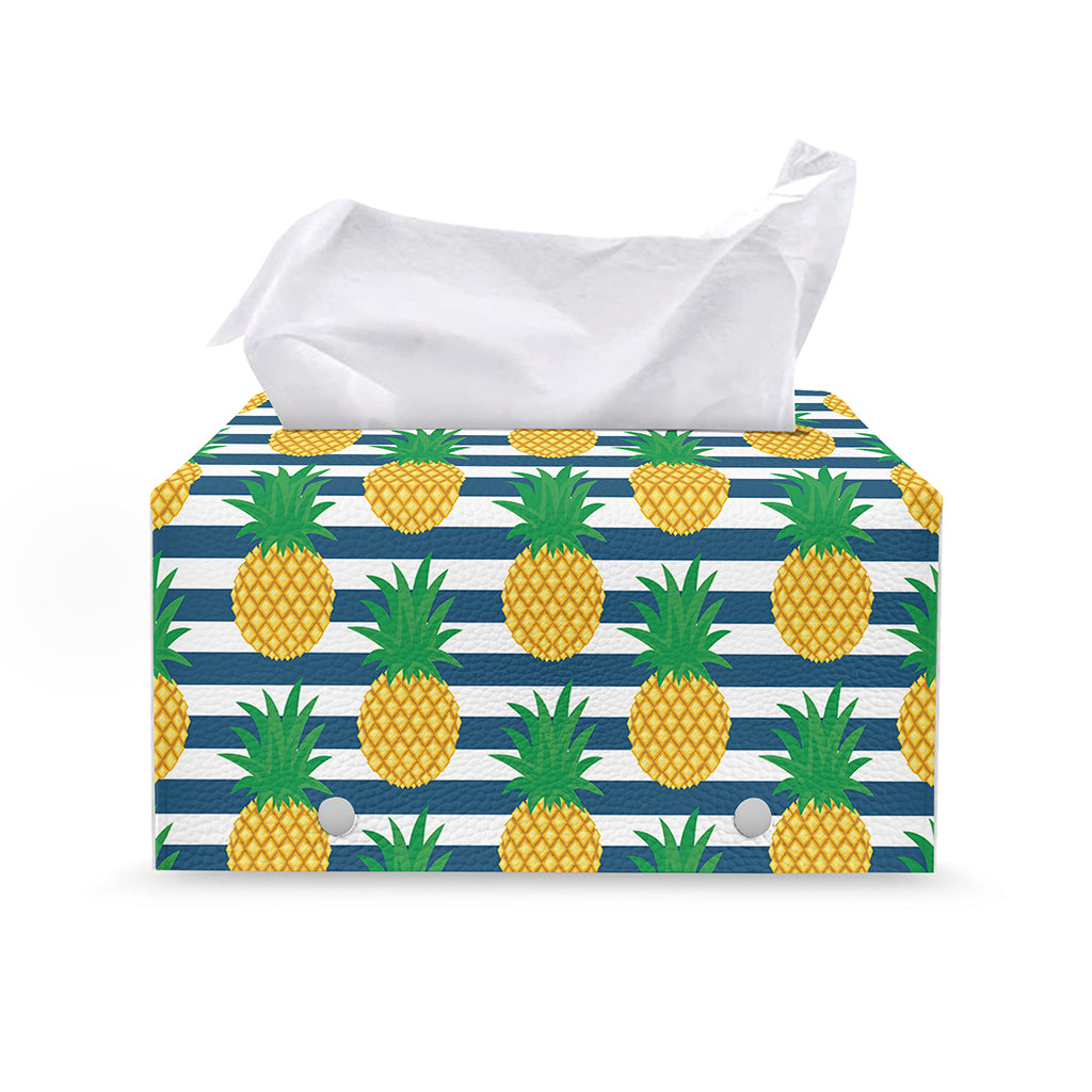 Blue Striped Pineapple Pattern Print Leather Tissue Box Cover