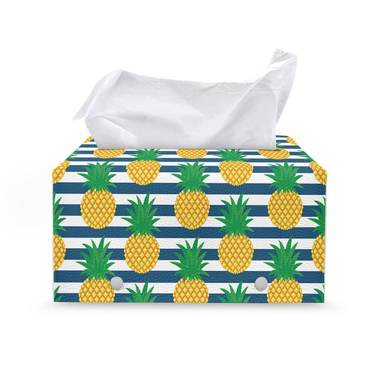 Blue Striped Pineapple Pattern Print Leather Tissue Box Cover