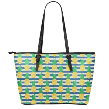 Blue Striped Pineapple Pattern Print Leather Tote Bag