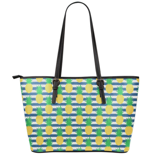 Blue Striped Pineapple Pattern Print Leather Tote Bag