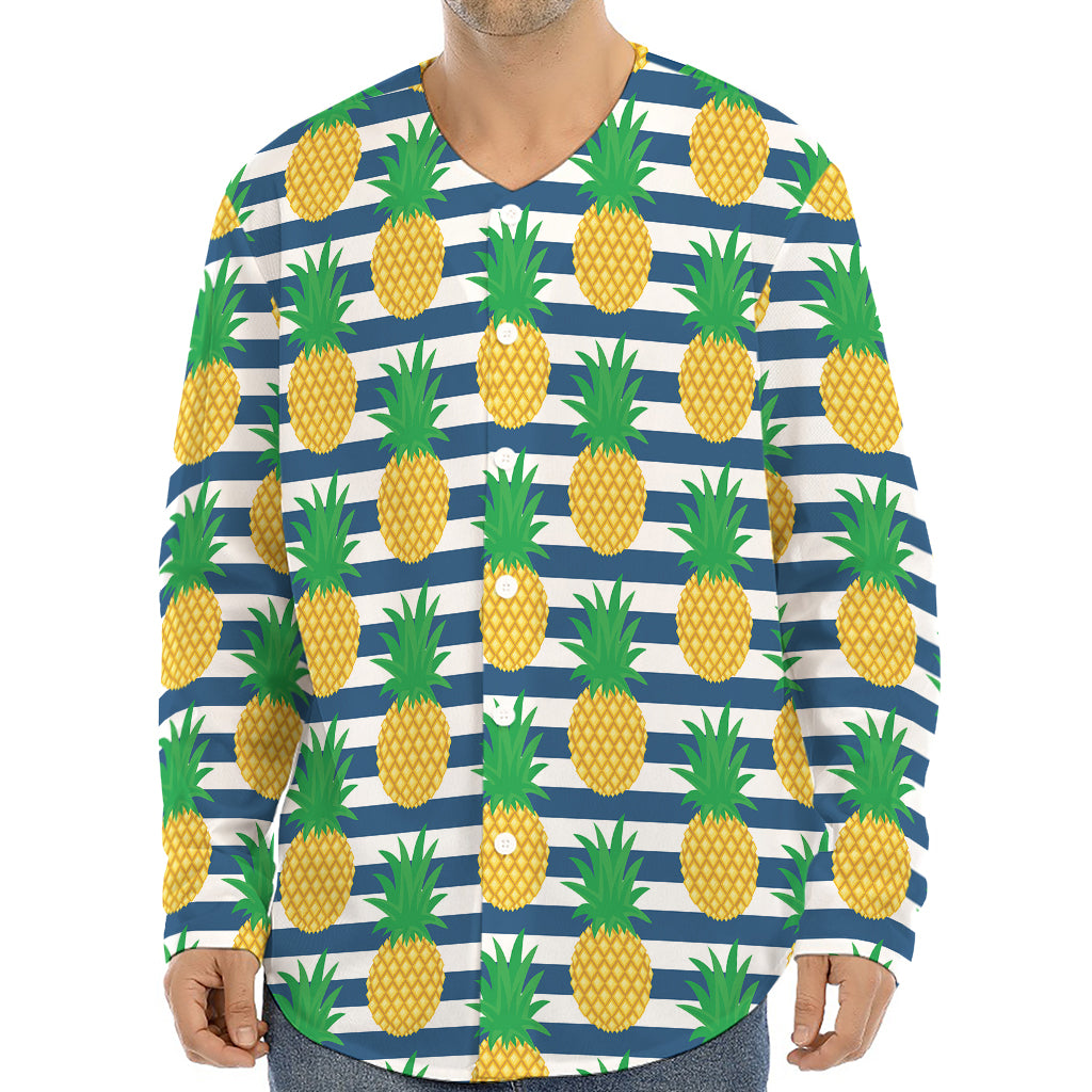 Blue Striped Pineapple Pattern Print Long Sleeve Baseball Jersey