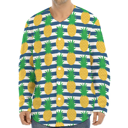 Blue Striped Pineapple Pattern Print Long Sleeve Baseball Jersey