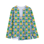 Blue Striped Pineapple Pattern Print Long Sleeve Short Coat