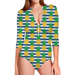 Blue Striped Pineapple Pattern Print Long Sleeve Swimsuit