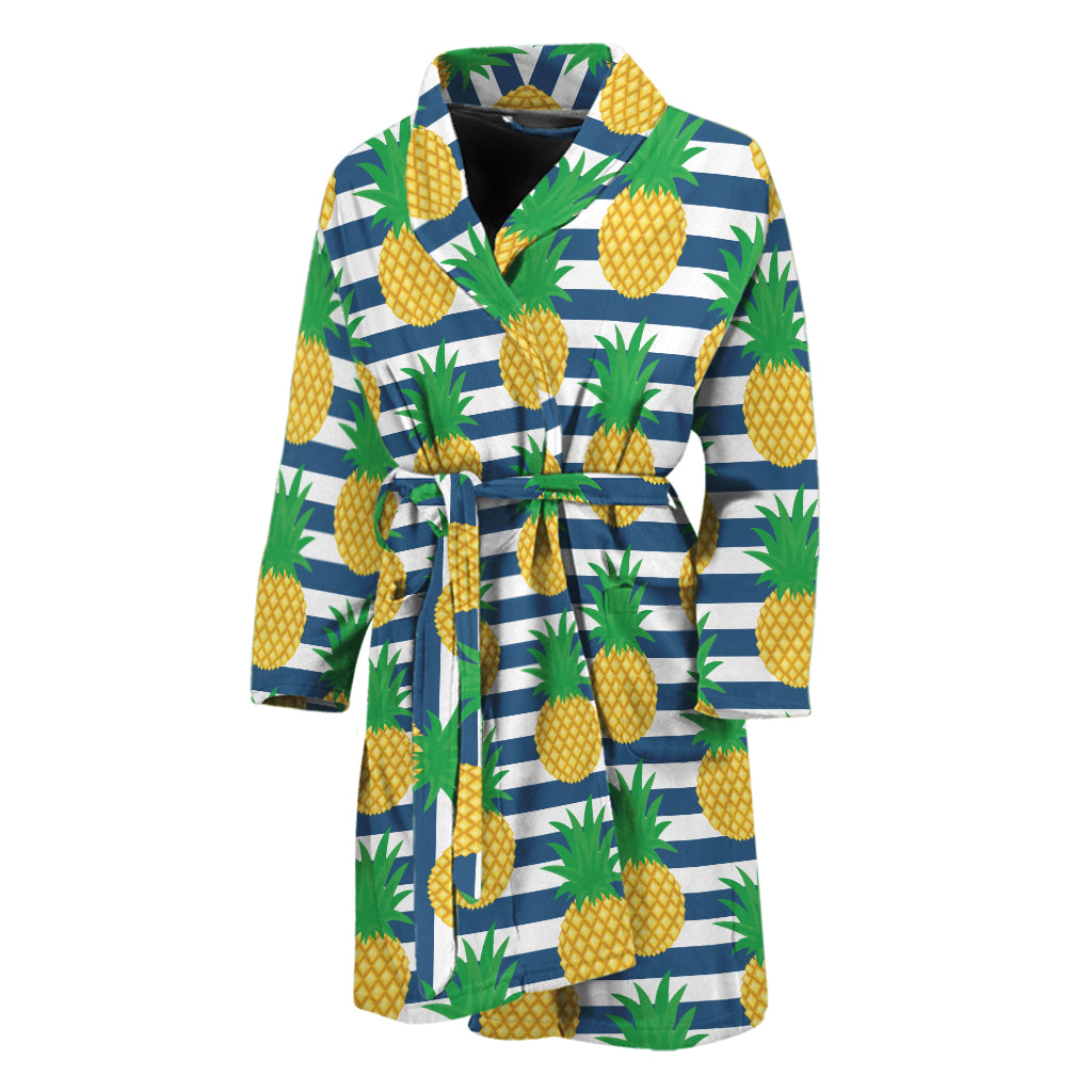 Blue Striped Pineapple Pattern Print Men's Bathrobe