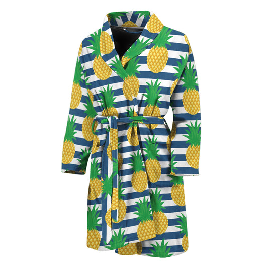 Blue Striped Pineapple Pattern Print Men's Bathrobe