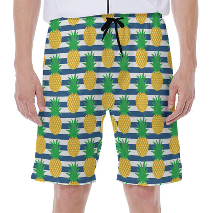 Blue Striped Pineapple Pattern Print Men's Beach Shorts