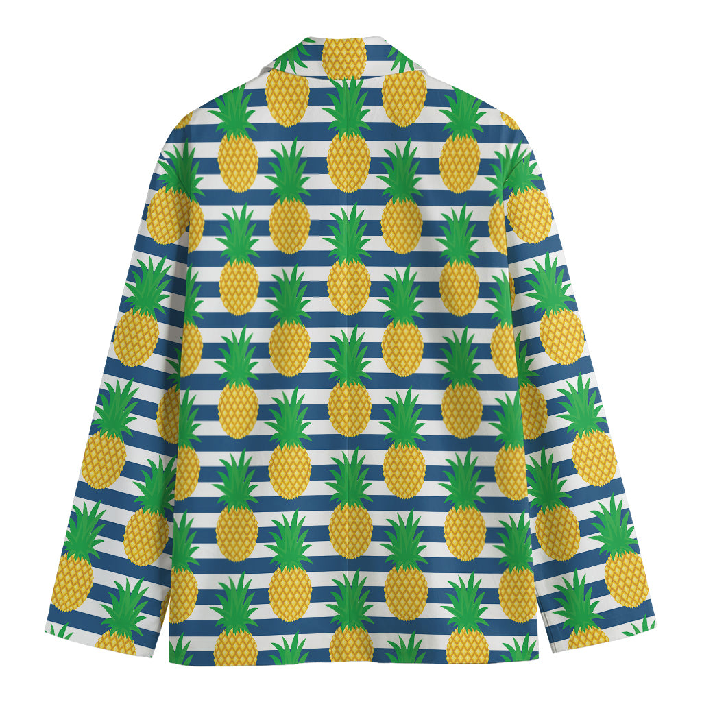 Blue Striped Pineapple Pattern Print Men's Cotton Blazer