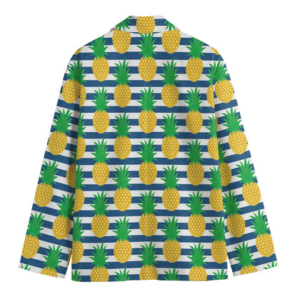 Blue Striped Pineapple Pattern Print Men's Cotton Blazer
