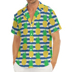 Blue Striped Pineapple Pattern Print Men's Deep V-Neck Shirt