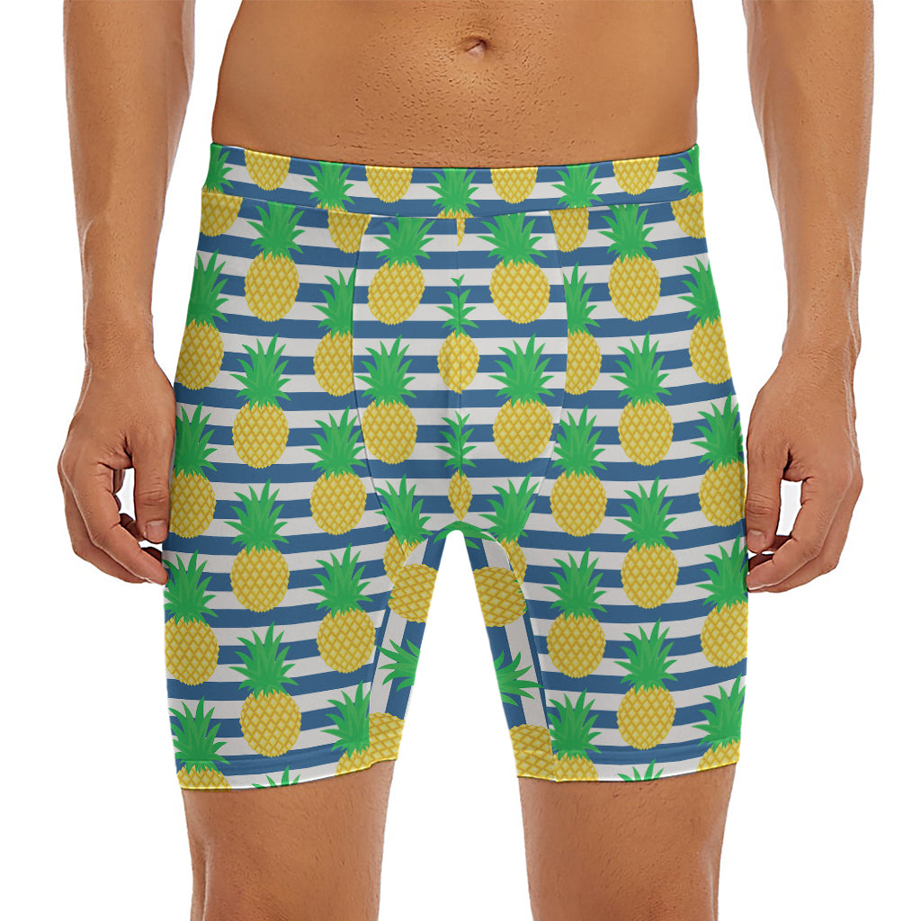 Blue Striped Pineapple Pattern Print Men's Long Boxer Briefs