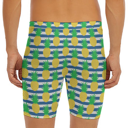 Blue Striped Pineapple Pattern Print Men's Long Boxer Briefs
