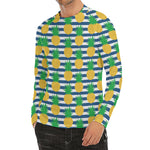 Blue Striped Pineapple Pattern Print Men's Long Sleeve Rash Guard