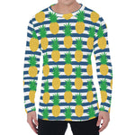 Blue Striped Pineapple Pattern Print Men's Long Sleeve T-Shirt