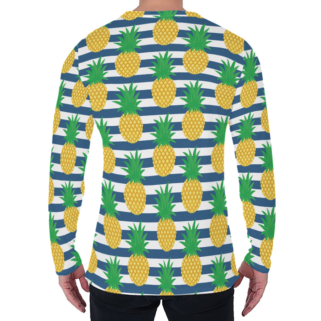 Blue Striped Pineapple Pattern Print Men's Long Sleeve T-Shirt