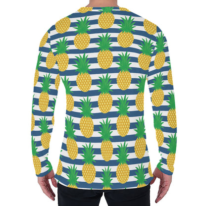 Blue Striped Pineapple Pattern Print Men's Long Sleeve T-Shirt