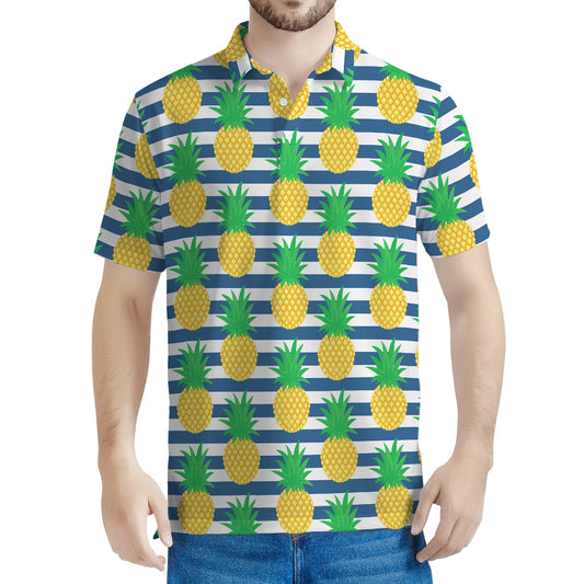 Blue Striped Pineapple Pattern Print Men's Polo Shirt