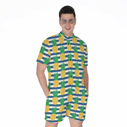 Blue Striped Pineapple Pattern Print Men's Rompers