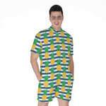 Blue Striped Pineapple Pattern Print Men's Rompers