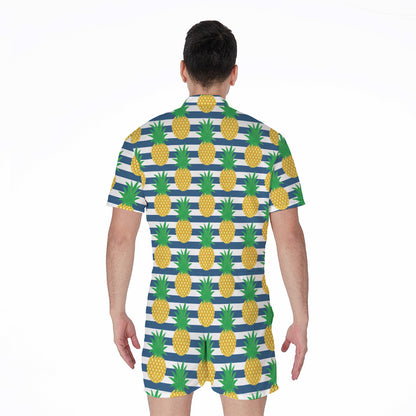 Blue Striped Pineapple Pattern Print Men's Rompers