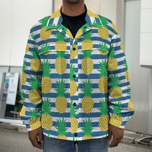 Blue Striped Pineapple Pattern Print Men's Shirt Jacket