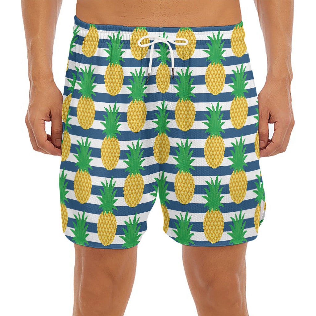 Blue Striped Pineapple Pattern Print Men's Split Running Shorts