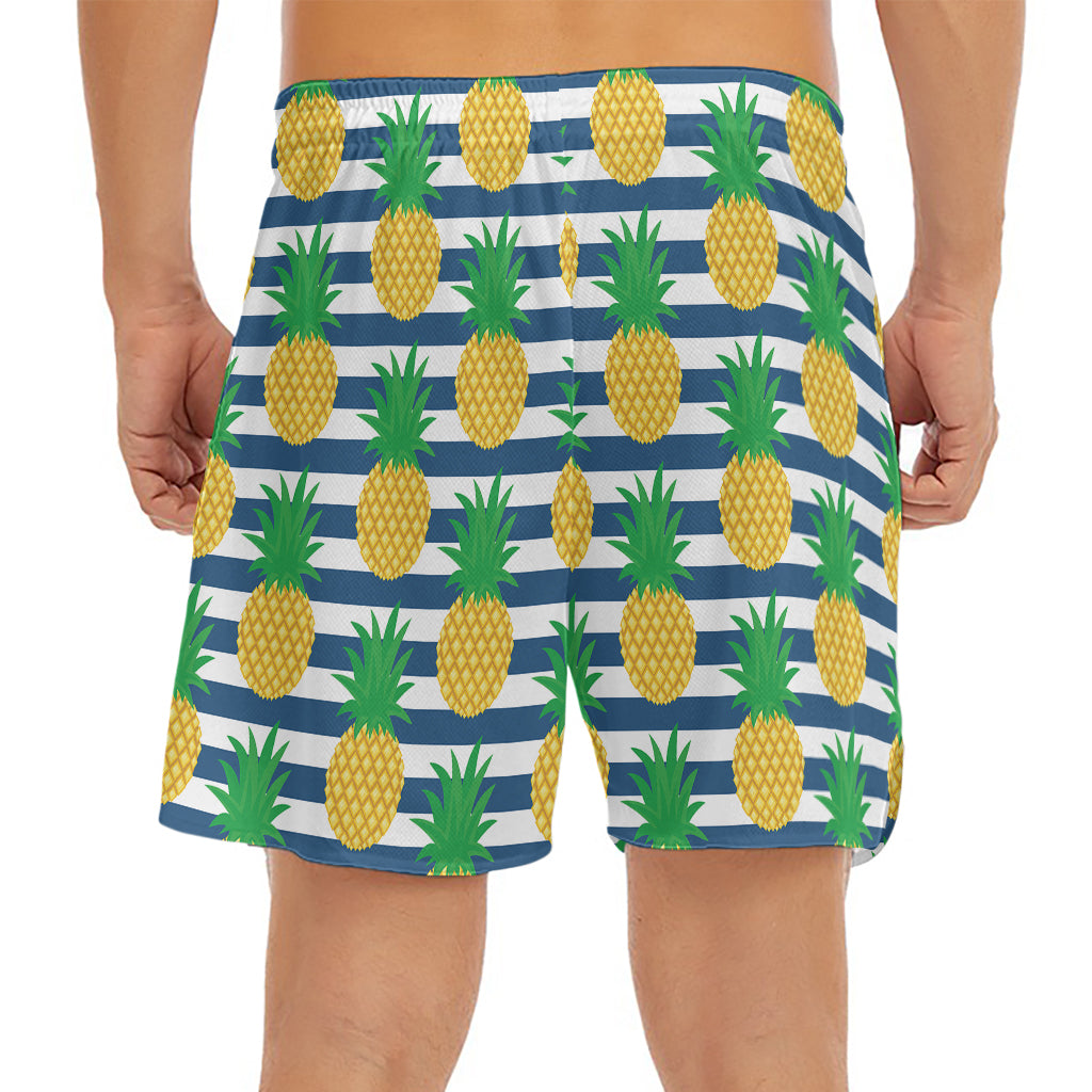 Blue Striped Pineapple Pattern Print Men's Split Running Shorts