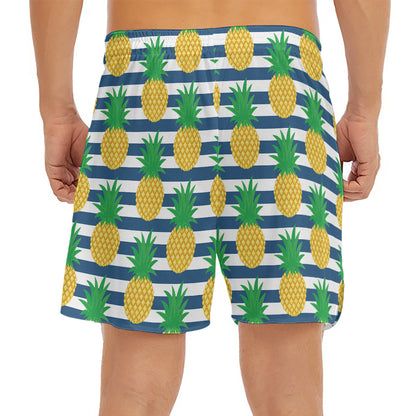 Blue Striped Pineapple Pattern Print Men's Split Running Shorts