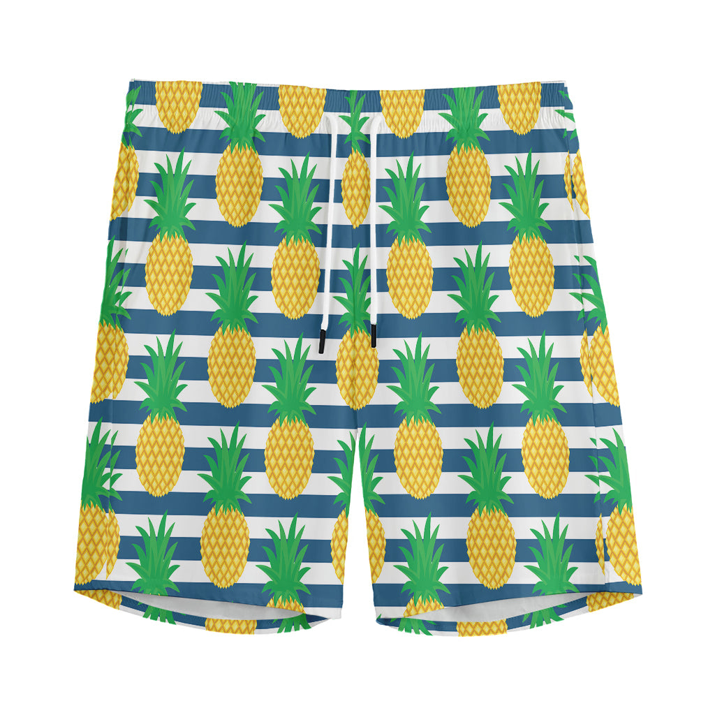 Blue Striped Pineapple Pattern Print Men's Sports Shorts