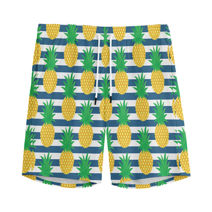 Blue Striped Pineapple Pattern Print Men's Sports Shorts